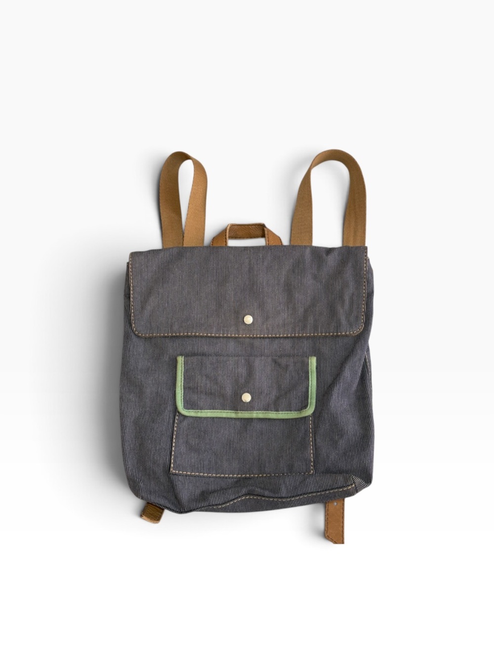Fossil Abbot Venice Blue Pinstripe Canvas Backpack w/ Tan Leather Straps